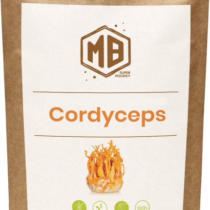 Front view of MB Superfoods Premium Cordyceps Sinensis Powder 100g bag with eco-friendly packaging