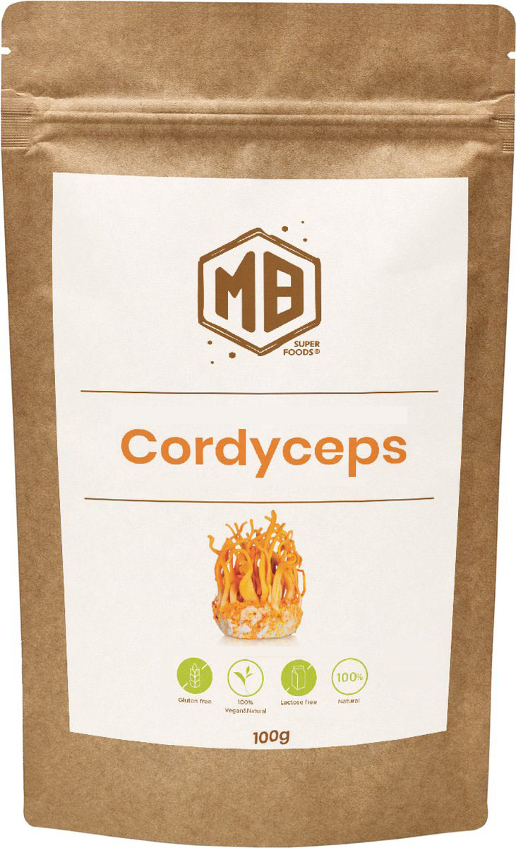cordyceps-powder-mb-superfoods Front view of MB Superfoods Premium Cordyceps Sinensis Powder 100g bag with eco-friendly packaging