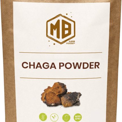 Front view of MB Superfoods Premium Chaga Mushroom Powder 100g bag with eco-friendly packaging
