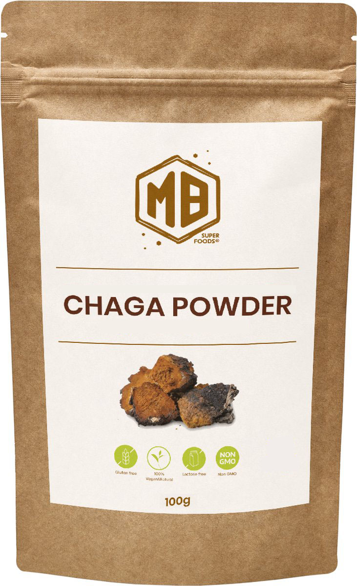 chaga-powder-mb-superfoods Front view of MB Superfoods Premium Chaga Mushroom Powder 100g bag with eco-friendly packaging