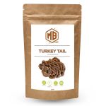 Front view of MB Superfoods Premium Turkey Tail Mushroom Powder 100g bag with eco-friendly packaging