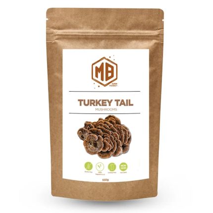 Front view of MB Superfoods Premium Turkey Tail Mushroom Powder 100g bag with eco-friendly packaging