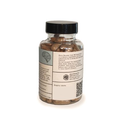Brain Booster capsules bottle back label MB Superfoods supplement ingredients and usage information