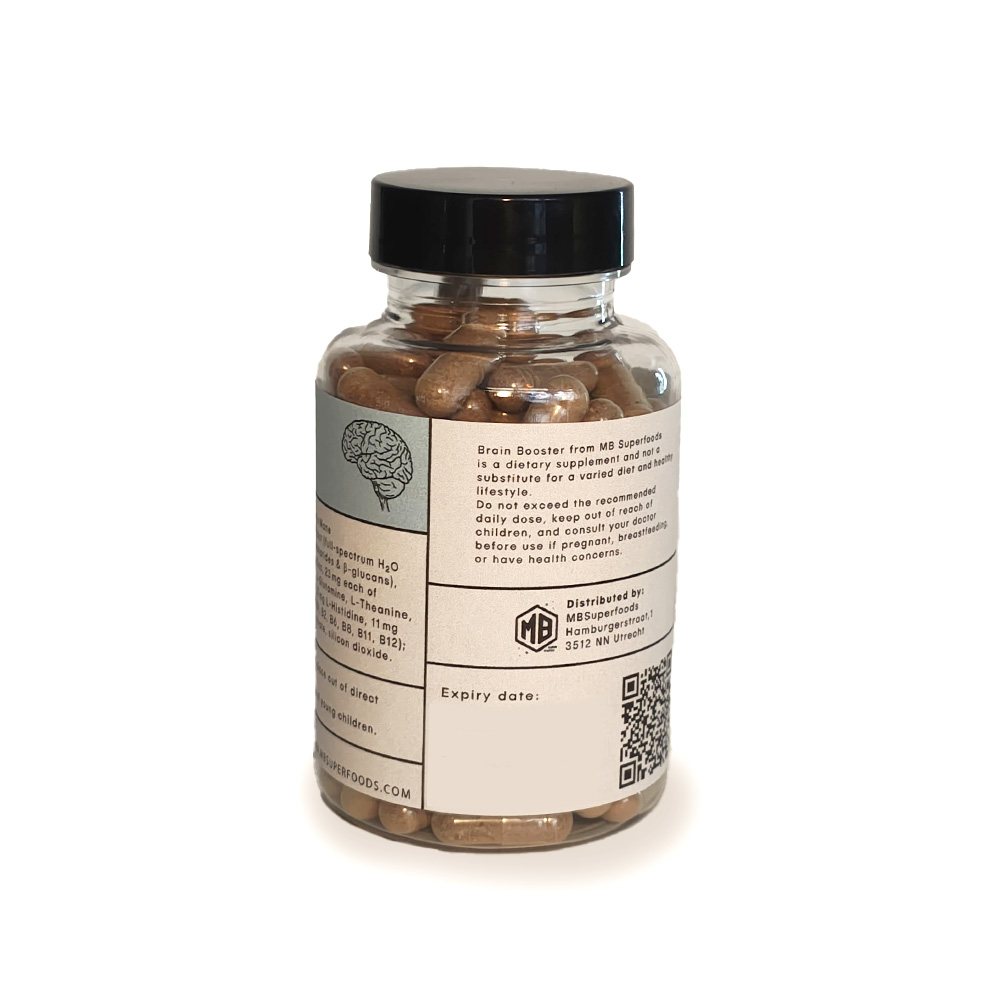 Brain Booster Capsules Back Label MB Superfoods Supplement Details Brain Booster capsules bottle back label MB Superfoods supplement ingredients and usage information