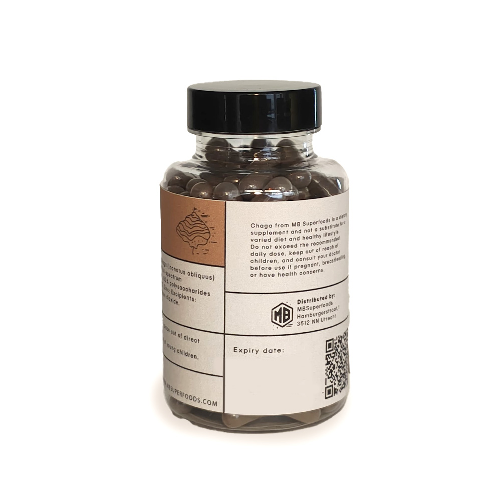 Chaga Capsules Back Label MB Superfoods Supplement Information Chaga mushroom capsules bottle back label MB Superfoods supplement ingredients and usage details