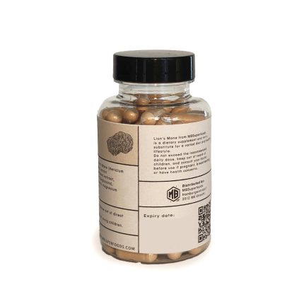 Lion’s Mane mushroom capsules bottle back label MB Superfoods ingredients and supplement information