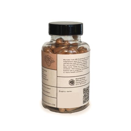 Maitake mushroom capsules bottle back label MB Superfoods supplement ingredients and usage information