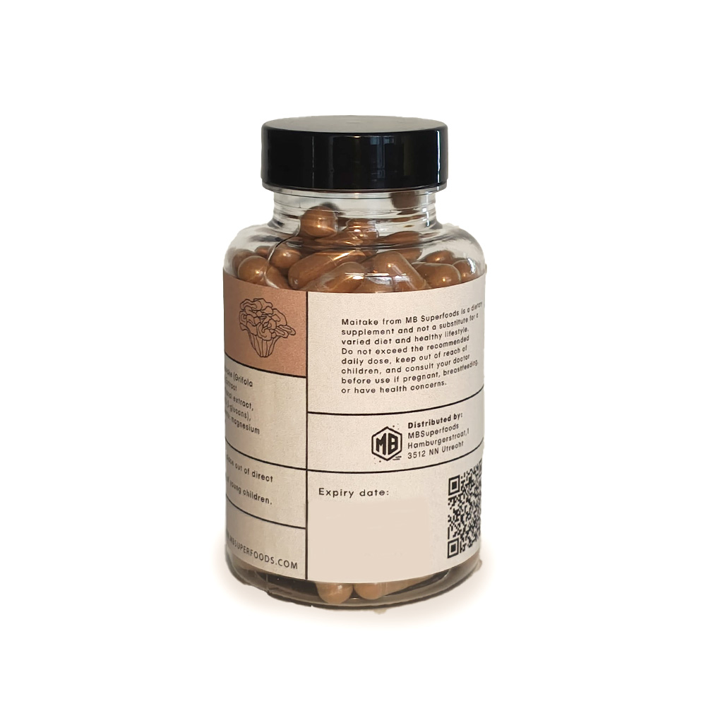 Maitake Capsules Back Label MB Superfoods Supplement Details Maitake mushroom capsules bottle back label MB Superfoods supplement ingredients and usage information