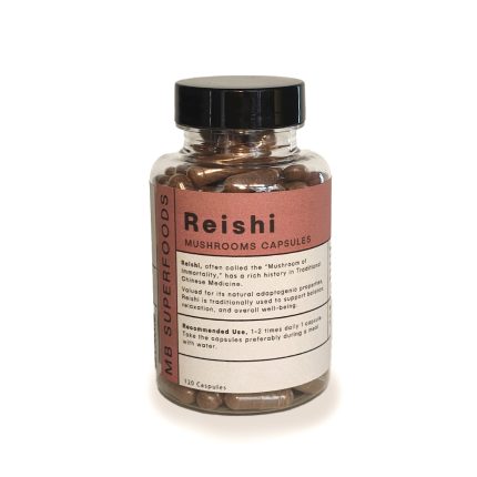 Reishi mushroom capsules MB Superfoods bottle 120 capsules natural adaptogenic mushroom supplement