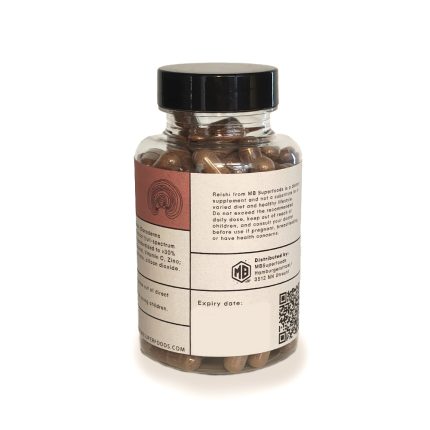 Reishi mushroom capsules bottle back label MB Superfoods supplement ingredients and usage information