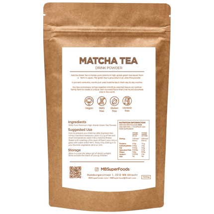 Back of MB Superfoods Matcha Tea Powder Bag – Nutritional Information, Ingredients, and Usage Guide (100g)