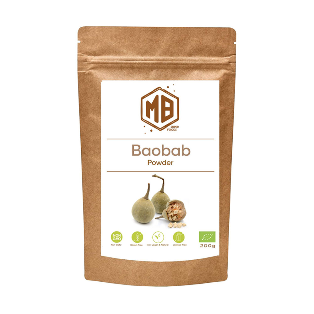 Baobab Powder 200g | MB Superfoods MB Superfoods Baobab Powder 200g in resealable pouch made from 100% baobab fruit powder