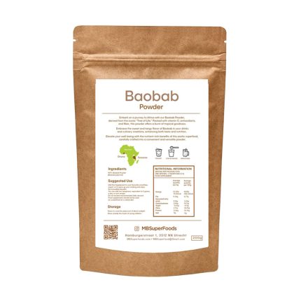 Back label of MB Superfoods Baobab Powder 200g showing ingredients nutritional information and suggested use