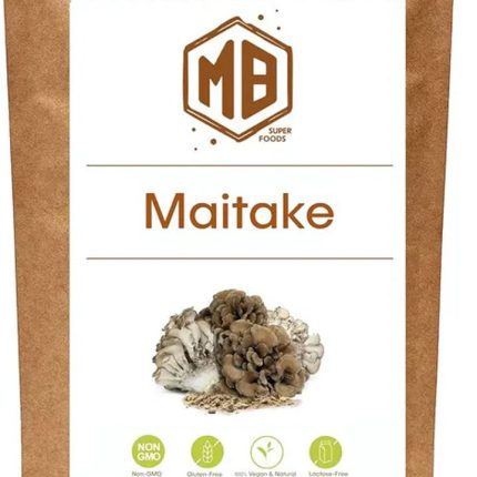 MB Superfoods Maitake Mushroom Powder 100g pouch showcasing 100% pure, natural culinary ingredient.