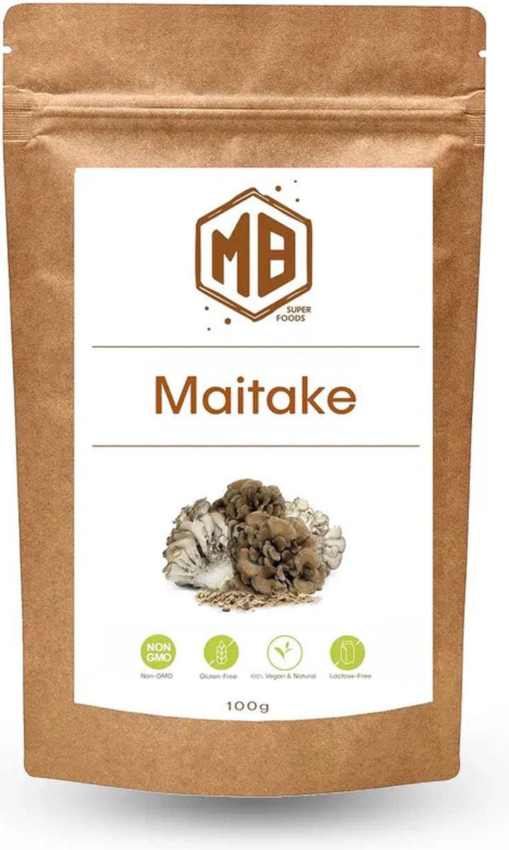mb-superfoods-maitake-powder-100g MB Superfoods Maitake Mushroom Powder 100g pouch showcasing 100% pure, natural culinary ingredient.