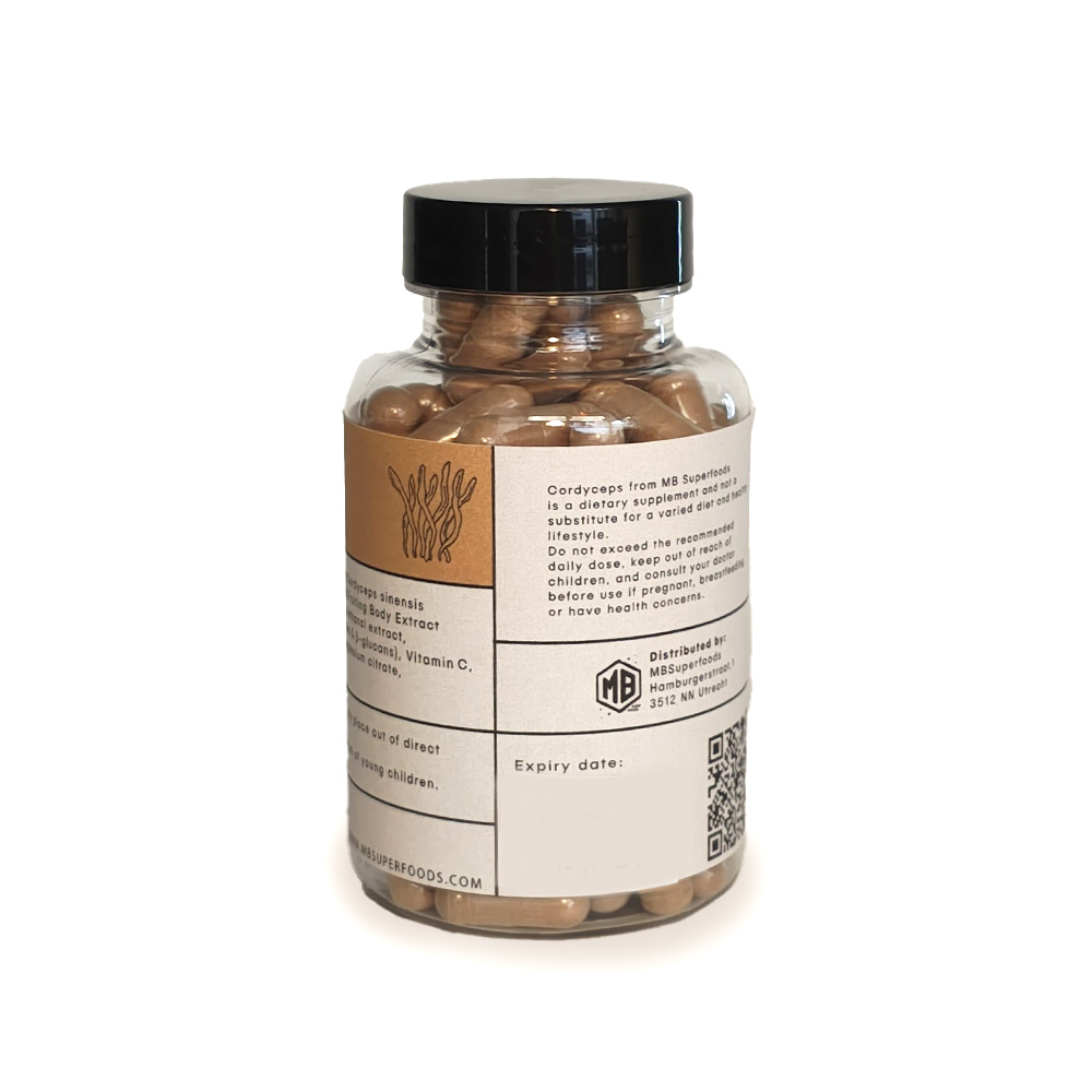 Cordyceps Mushroom Capsules 120 Pieces | MB Superfoods High Quality Extract Cordyceps mushroom capsules bottle by MB Superfoods 120 capsules natural supplement back label view