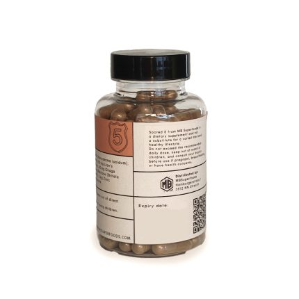 Sacred 5 mushroom capsules back label MB Superfoods 120 capsules functional mushroom blend bottle