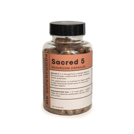 Sacred 5 mushroom capsules bottle by MB Superfoods 120 capsules multi mushroom blend supplement