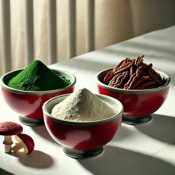 Three red bowls with Spirulina, Lion’s Mane, and Reishi powders on a luxurious white table, showcasing premium superfoods.