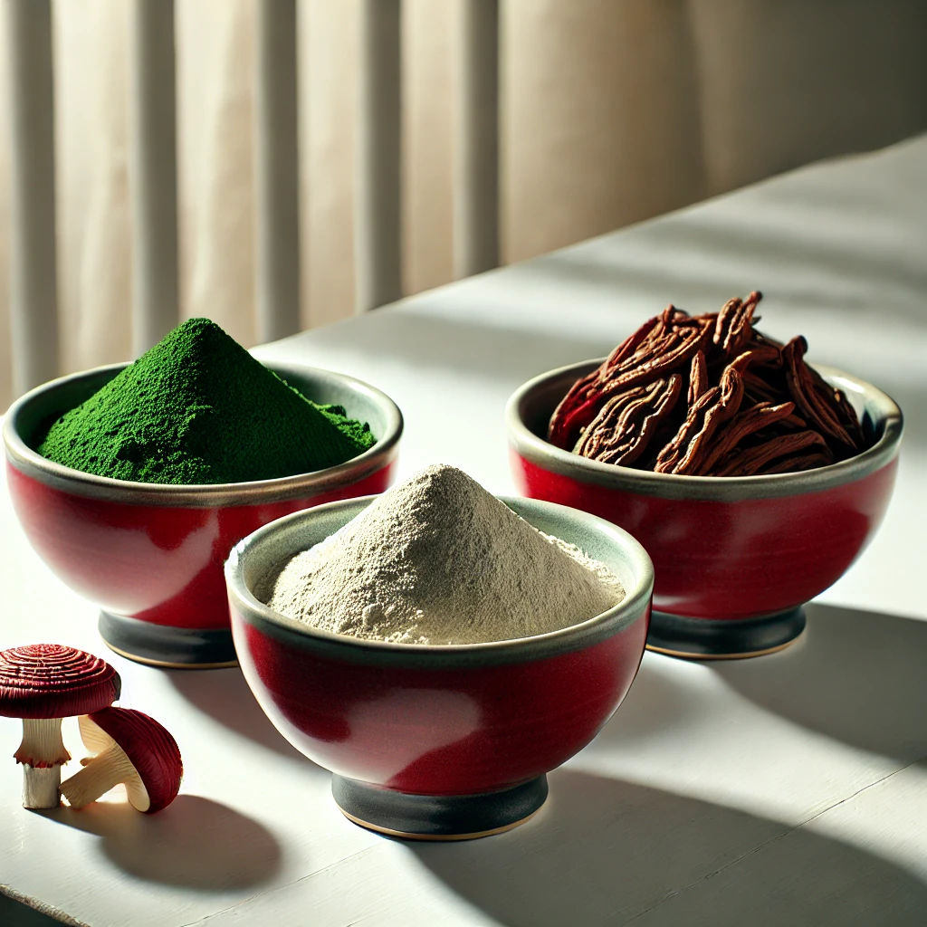 Three red bowls with Spirulina, Lion’s Mane, and Reishi powders on a luxurious white table, showcasing premium superfoods.