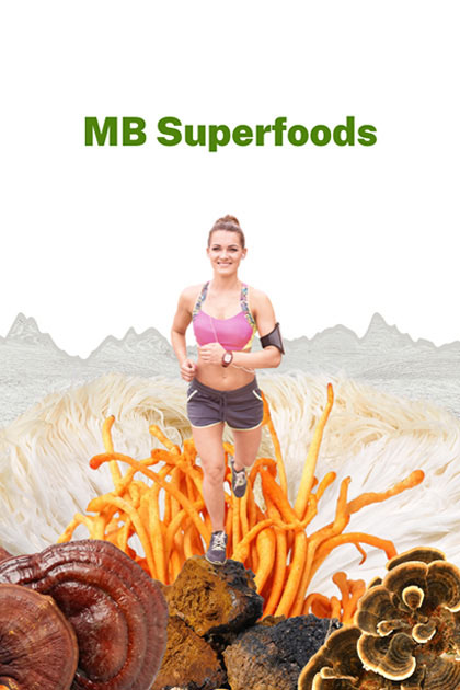 mb superfoods homepage image of medicinal mushrooms woman running