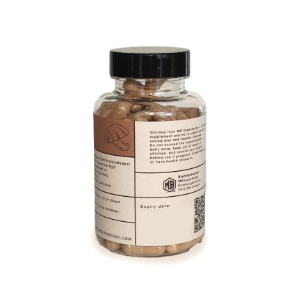 Shiitake mushroom capsules bottle by MB Superfoods 120 capsules natural mushroom supplement back label view