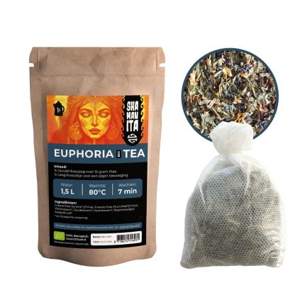Shamanita Euphoria BIO Tea pouch with loose herbal blend and filled tea bag.