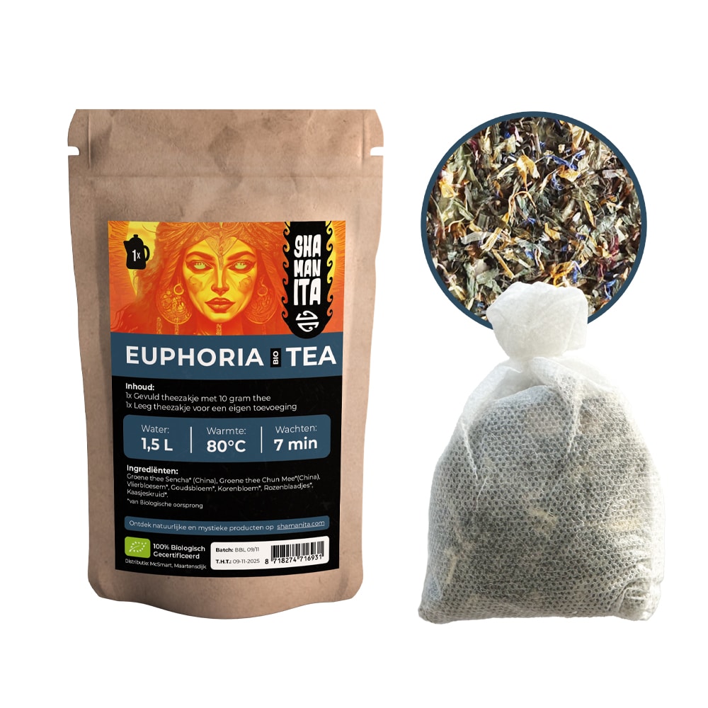 Euphoria BIO Tea Pouch and Herbal Blend – MB Superfoods Shamanita Euphoria BIO Tea pouch with loose herbal blend and filled tea bag.