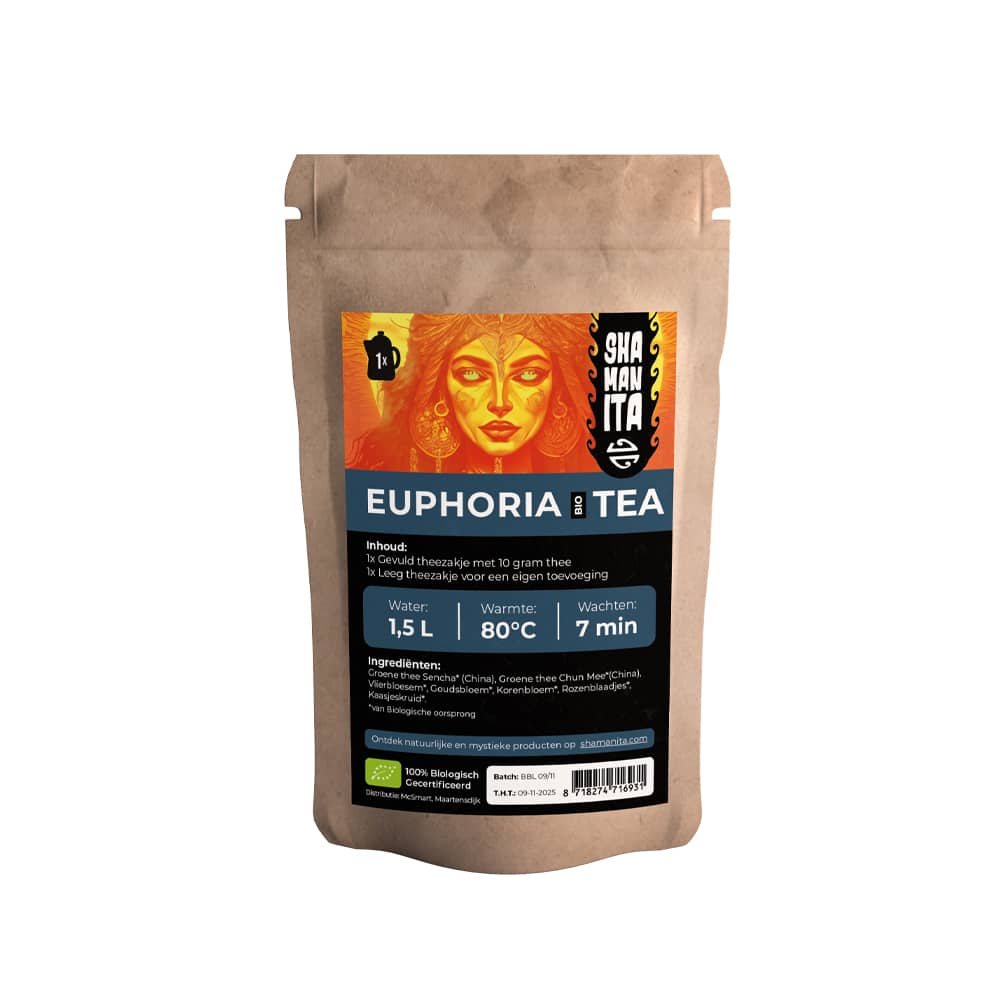Shamanita Euphoria BIO Tea Packaging – MB Superfoods Shamanita Euphoria BIO Tea pouch with ritual brewing instructions and natural ingredients.