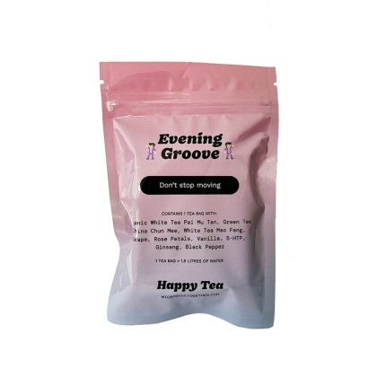 MB Superfoods Evening Groove Tea pink packaging with ingredient list and slogan.