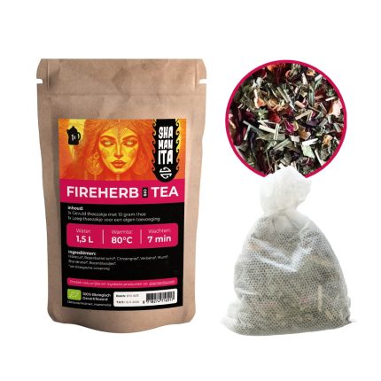 Shamanita FireHerb BIO Tea pouch with loose herbal blend and filled tea bag.