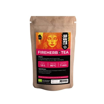 Shamanita FireHerb BIO Tea pouch with natural herbal ingredients and brewing instructions.