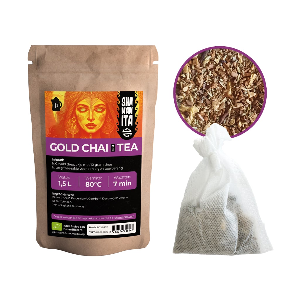 Gold Chai BIO Tea Pouch and Herbal Blend – MB Superfoods Shamanita Gold Chai BIO Tea pouch with loose spiced blend and 10g filled tea bag.