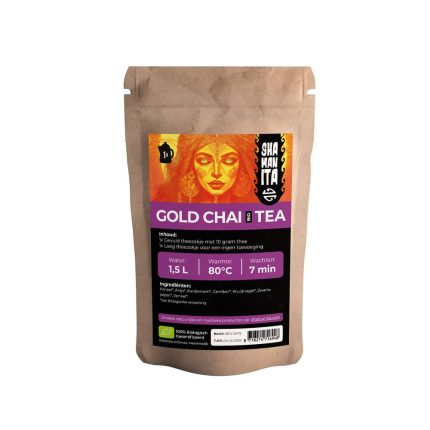 Shamanita Gold Chai BIO Tea pouch with natural spiced chai ingredients and brewing instructions.