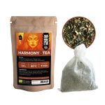Shamanita Harmony BIO Tea pouch with loose herbal blend and filled tea bag.