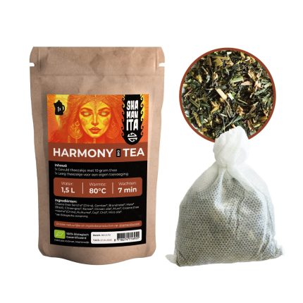 Shamanita Harmony BIO Tea pouch with loose herbal blend and filled tea bag.