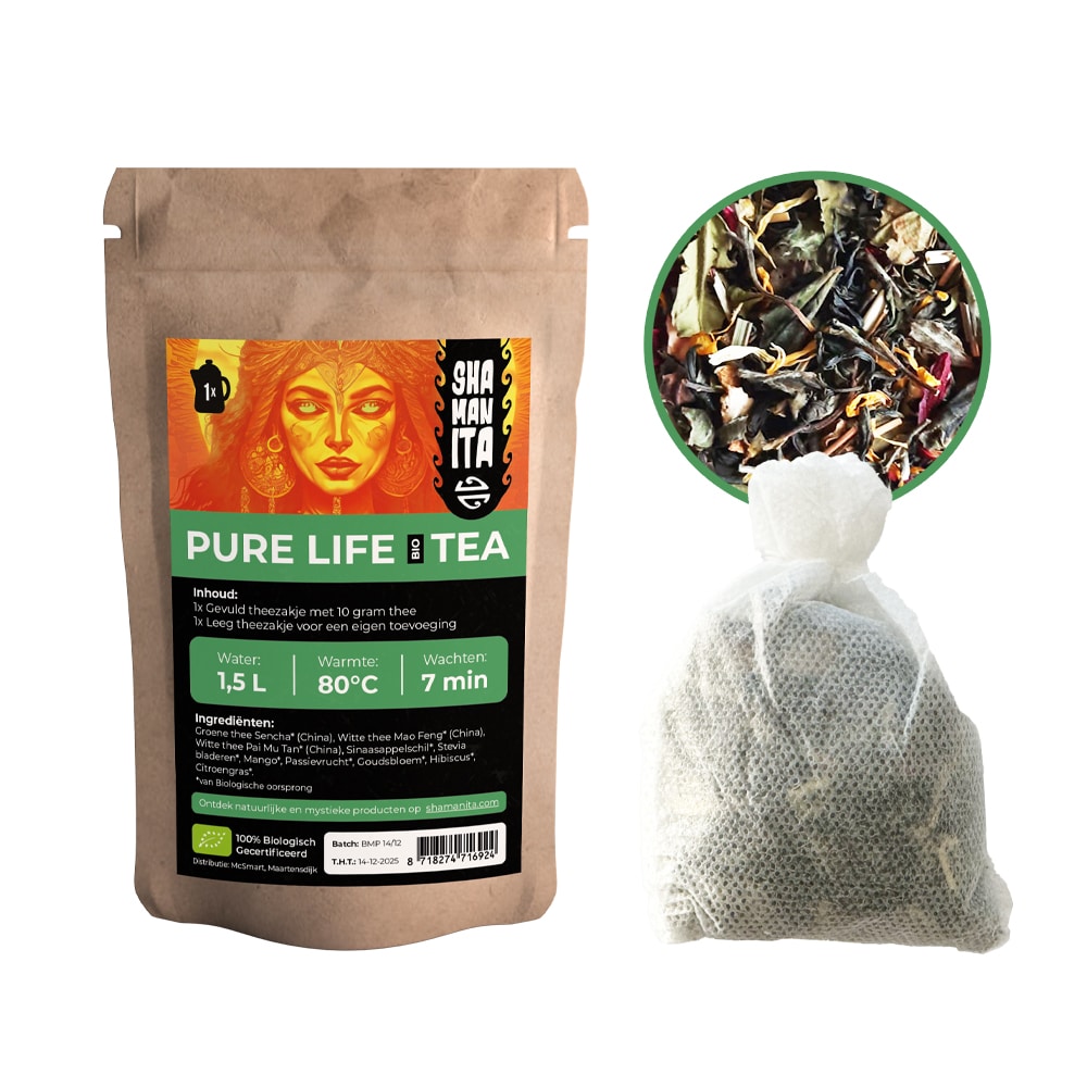 Pure Life BIO Tea Pouch and Herbal Blend – MB Superfoods Shamanita Pure Life BIO Tea pouch with loose tropical blend and filled tea bag.