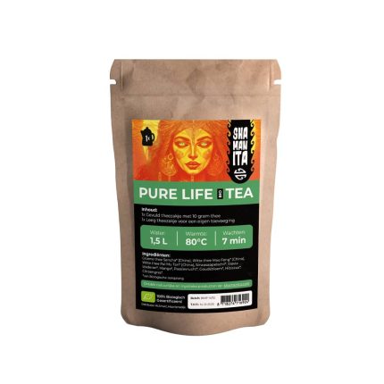 Shamanita Pure Life BIO Tea pouch with tropical herbal ingredients and brewing instructions.