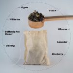 social butterfly tea bag with butterfly pea flower, white tea, hibiscus, lavender, blueberry, thyme, 5-HTP and ginseng