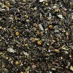 Close-up of Mellow Fellow Tea herbal blend with chamomile, mint, lavender, and reishi.