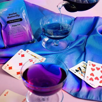 loose leaf social butterfly tea blend with butterfly pea flower hibiscus lavender and colourful botanicals
