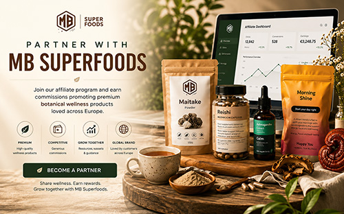 MB Superfoods Affiliate Program banner featuring premium superfood powders, mushroom supplements, and wellness products with commission-based partnership opportunities in Europe