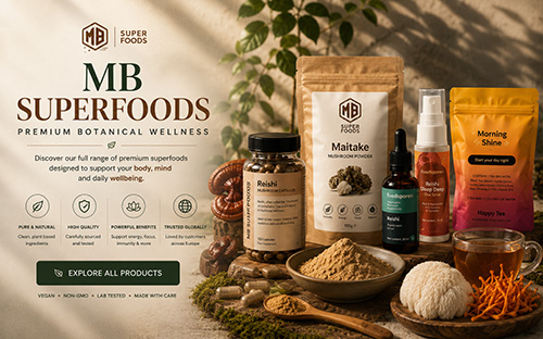 MB Superfoods premium botanical wellness products including Maitake mushroom powder, Reishi capsules, herbal extracts, and superfood blends