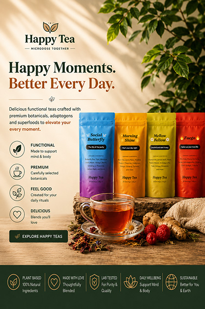 Happy Tea functional wellness tea collection featuring Social Butterfly, Morning Shine, Mellow Fellow, and Fuego botanical tea blends