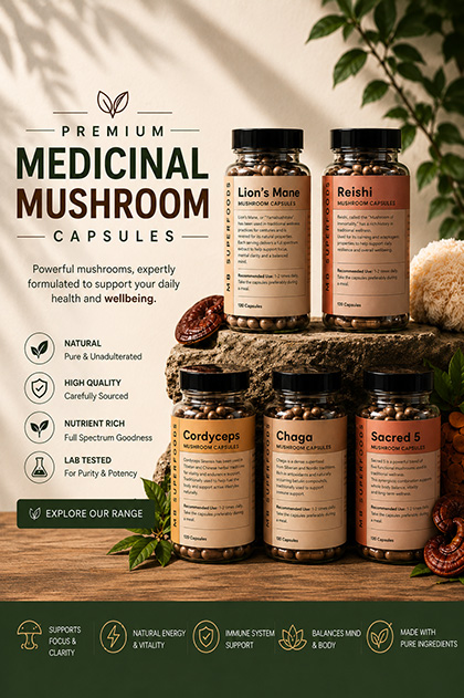 Premium medicinal mushroom capsules featuring Lion’s Mane, Reishi, Cordyceps, Chaga, and Sacred 5 by MB Superfoods