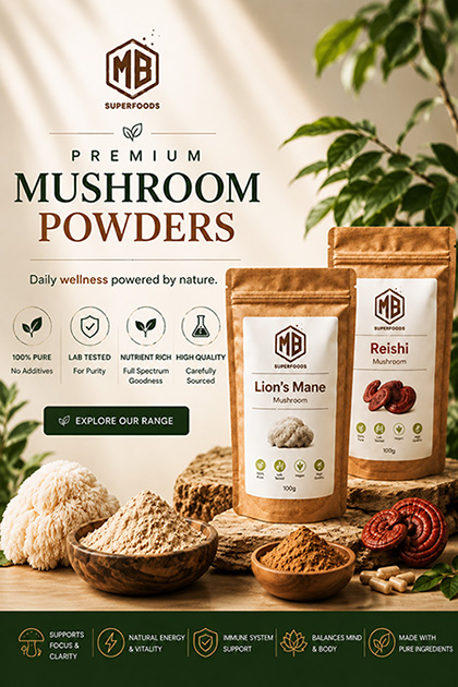 Premium mushroom powders featuring Lion’s Mane and Reishi by MB Superfoods for daily wellness and natural support