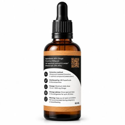 MB Superfoods Chaga Extract Drops 50ml back label showing ingredients dosage instructions and ultrasound-assisted extraction method