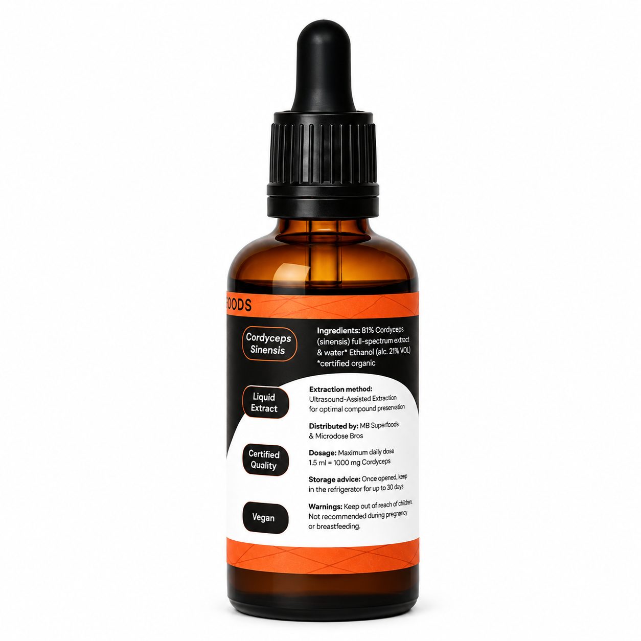 MB Superfoods Cordyceps Extract Drops 50ml Back Label MB Superfoods Cordyceps Extract Drops 50ml back label showing ingredients, dosage instructions, storage information and ultrasound-assisted extraction technology
