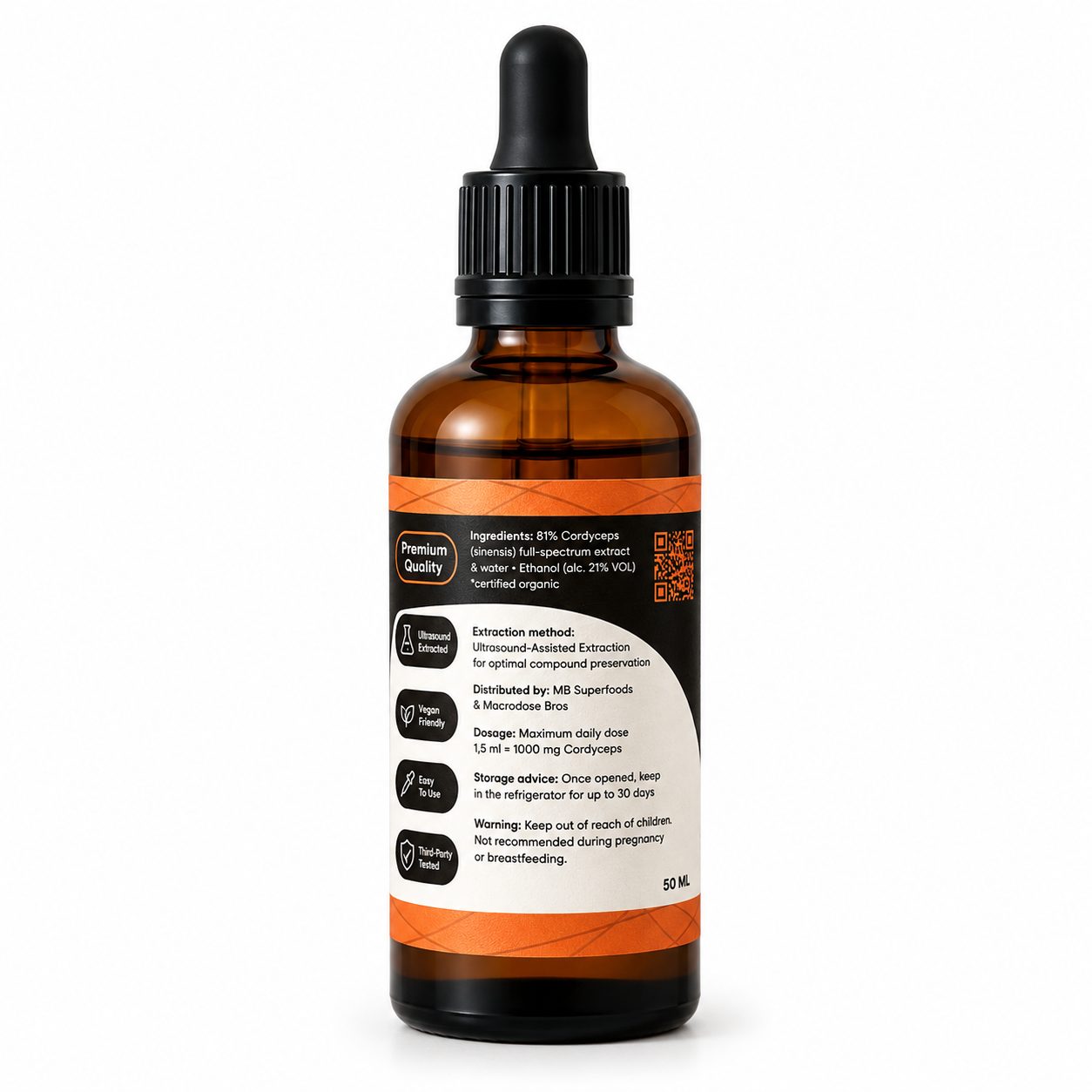 MB Superfoods Cordyceps Extract Drops 50ml Back Label MB Superfoods Cordyceps Extract Drops 50ml back label showing ingredients dosage and ultrasound-assisted extraction method