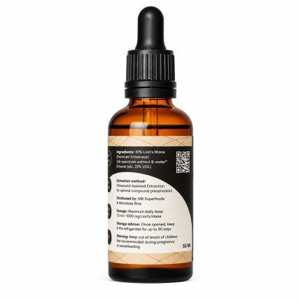 MB Superfoods Lion's Mane Extract Drops 50ml back label showing ingredients, dosage instructions and ultrasound-assisted extraction technology